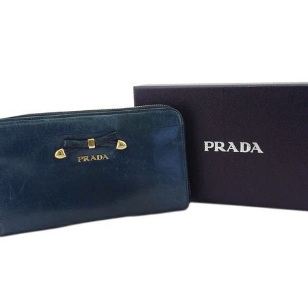 Prada Long Wallet Ribbon Beige Leather X Gold Hardware Authentic Used C4707